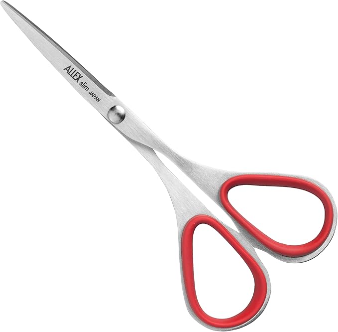 ALLEX Mini Skinny Scissors for Office 3.9", All Purpose Slim & Thin Low Profile Scissors, Made in JAPAN, All Metal Sharp Japanese Stainless Steel Blade with Non-Slip Soft Ring, Red