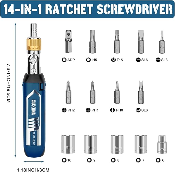 14-in-1 Ratcheting Screwdriver Set, Multi Screwdriver Tool All in One with 5-Position Adjustable Head, Magnetic Screwdriver Ratchet Set with Sockets & Bits for Home, Auto, DIY Repair