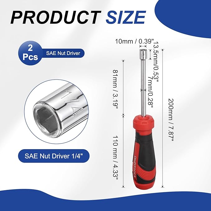 HARFINGTON 2 Pcs SAE Nut Driver 1/4" CR-V Non-Magnetic Tip Hollow Shafts Hex Socket Screwdriver with Anti-Slip Handle for Automobile Repair Bit Driver