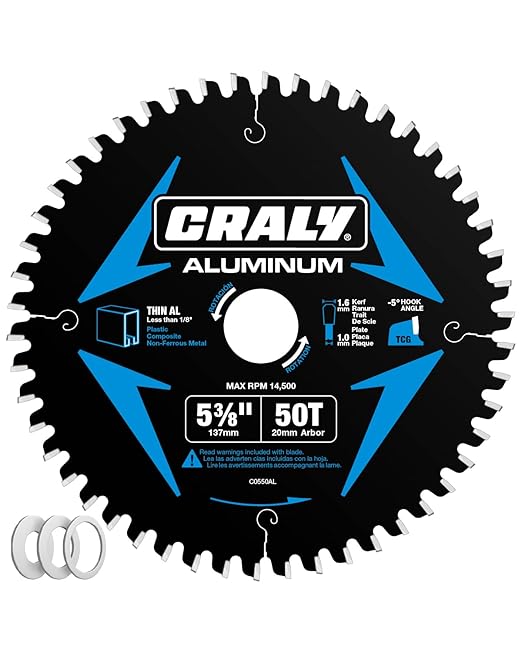 CRALY 5-3/8 Inch 50 Teeth Aluminum and Non-Ferrous Metal Cutting Circular Saw Blade, 20 mm Arbor, Carbide Tipped, Thin Kerf, Black Ice™ Coating, for Thin Aluminum, Plastic, Composite(C0550AL)