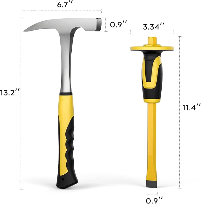 INCLY 5 PCS Geology Rock Pick Equipment Kit, 32 oz. Rock Hammer with 12" Mason Concrete Chisel, Safety Glasses, Whistle, jewelers loupe, Tool Set for Hounding,Gold Mining & Prospecting, Stone Breaking
