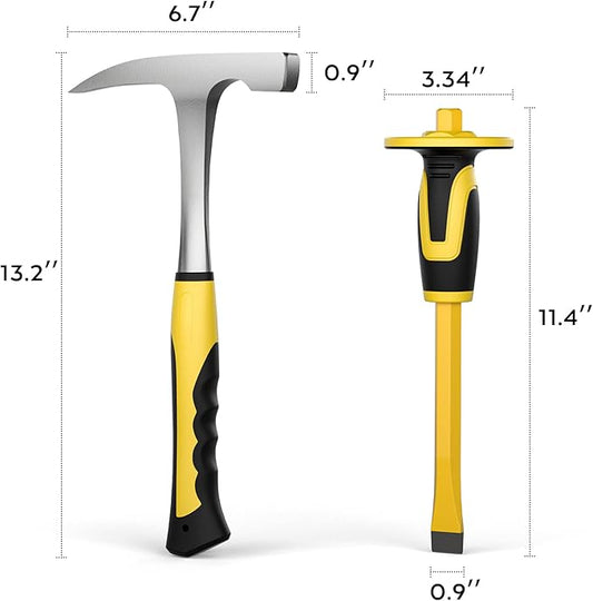 INCLY 5 PCS Geology Rock Pick Equipment Kit, 32 oz. Rock Hammer with 12" Mason Concrete Chisel, Safety Glasses, Whistle, jewelers loupe, Tool Set for Hounding,Gold Mining & Prospecting, Stone Breaking