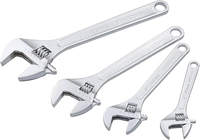 CRAFTZONE Adjustable Wrench Set, 4pc Wrenches Set with SAE and Metric Scales, Heat-Treated Carbon Steel with Chrome Plated, Wide Jaw Wrenches for Home, Plumbing, Garage (6, 8, 10, 12 Inch)