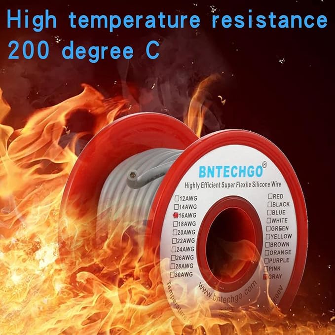 BNTECHGO 16 Gauge Silicone Wire Spool 25 ft Gray Flexible 16 AWG Stranded Tinned Copper Wire