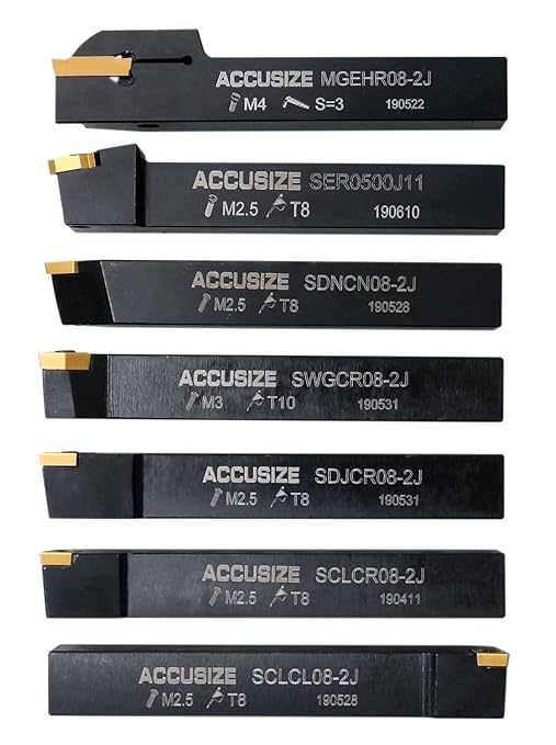 Accusize Industrial Tools 7-Ps Indexable Carbide Turning Tool Set, 1/2" Shank, C6 Grade TiN Coated Inserts, in Fitted Aluminum Case, 2387-2004