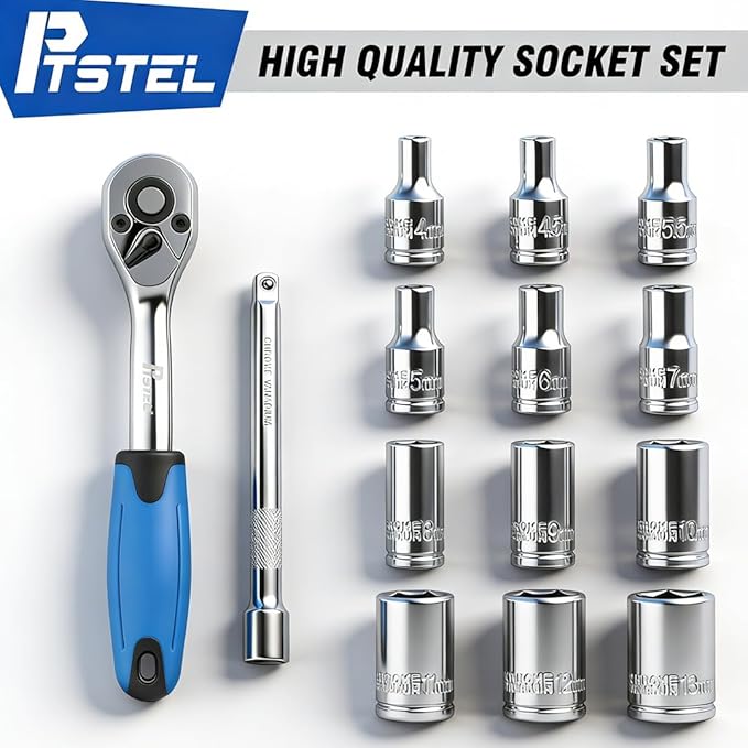 14 Pieces Socket Wrench Kit, 1/4??Drive Socket Set with 72 Teeth Release Ratchet Wrench and Extension Bar, CR-V Sockets
