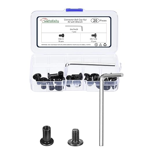 METALLIXITY Furniture Crib Screws Replacement Set with Wrench(M6-1x10mm) 20Pcs, Galvanization Connector Bolts M6 Screw Barrel Nuts Binding Screws, for Chair Cabinet Bed, Black