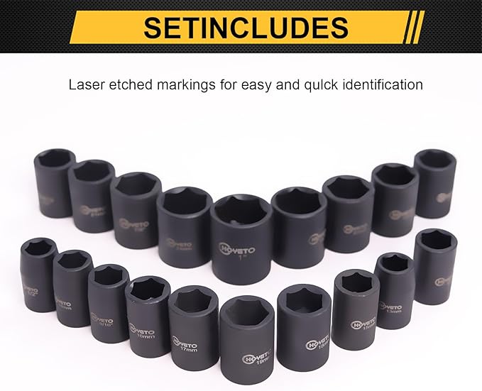 1/2" Drive Impact Socket Set, 23-Piece Metric (13??4mm), 6-Point Cr-V Alloy Steel, with Ratchet Handle & Storage Case ??Rugged Construction for Auto Repair