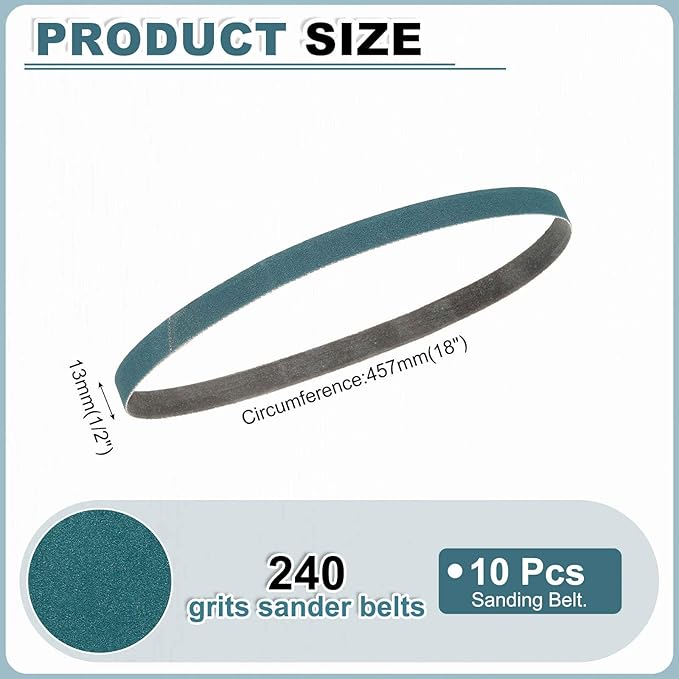 HARFINGTON 1/2 x 18 Inch Sanding Belts, 10 Pcs 240 Grit Zirconia Abrasive Belt Sander File Belt for Woodworking, Metal Polishing, Knife Sharpener