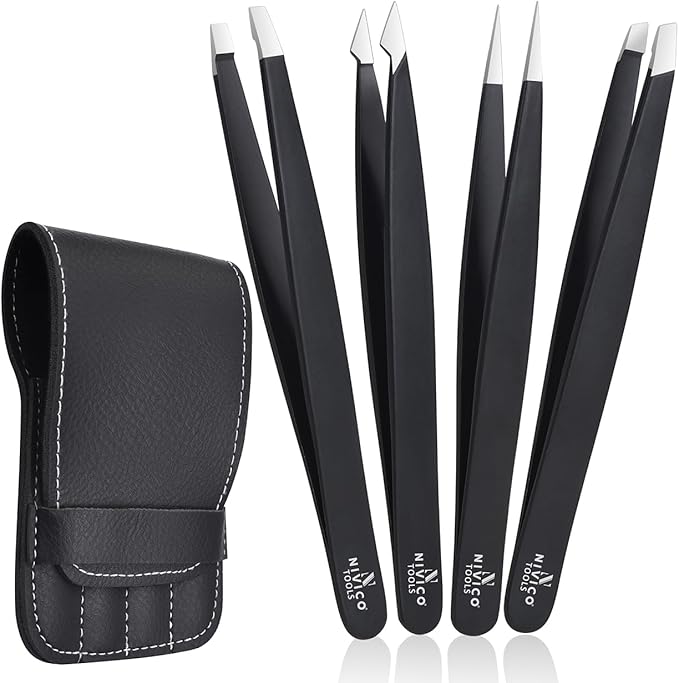 NIVICO Tweezers Set with Leather Pouch – Professional Stainless Steel Tweezers for Eyebrows Precision Facial Ingrown Hair Removal (Black)