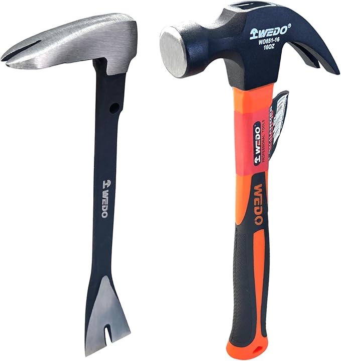 WEDO Pry Bar and Claw Hammer Set,12" Nail Puller,16oz Claw Hammer,High Carbon Steel Crowbar,V Type Cats Paw Nail Remover,Utility Claw Bar Tool for Home Remolding,Woodworking