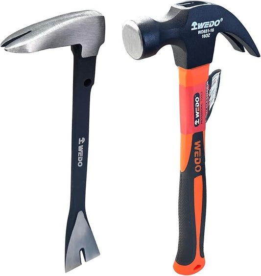 WEDO Pry Bar and Claw Hammer Set,12" Nail Puller,16oz Claw Hammer,High Carbon Steel Crowbar,V Type Cats Paw Nail Remover,Utility Claw Bar Tool for Home Remolding,Woodworking