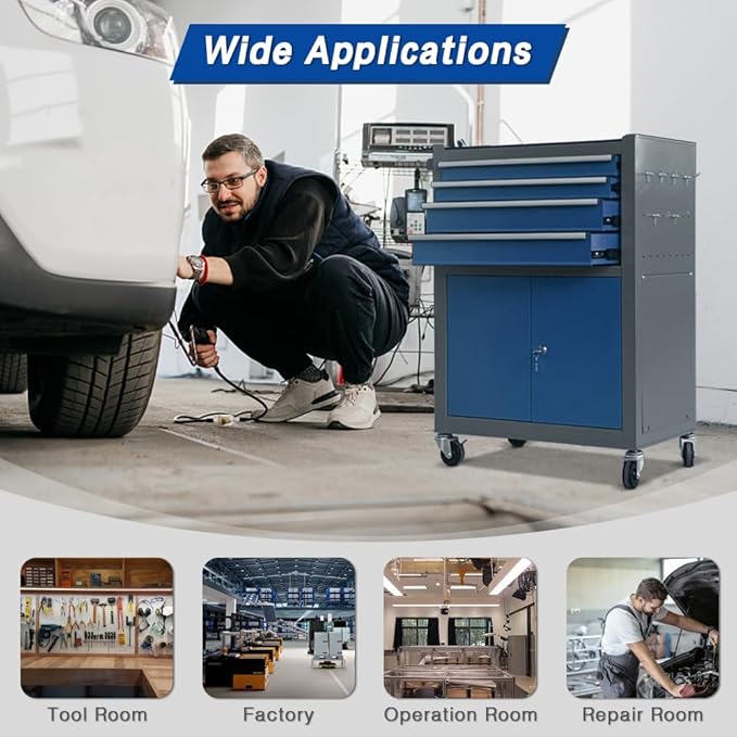 13-Drawer Tool Chest with Double Door and Wheels, Large Detachable Tool Box with Sliding Drawers, Mechanic Toolbox Storage Cabinets, Metal Tool Cart for Garage Workshop (Blue竊낶rey)