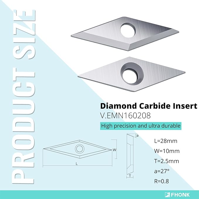 FHONK Diamond Tungsten Carbide Inserts Replacement Cutters, Ci4 Woodworking Tool Accessories, DIY Wood Lathe Turning Tools, 10x28x2.5mm, 10 Pieces (VEMN160208)