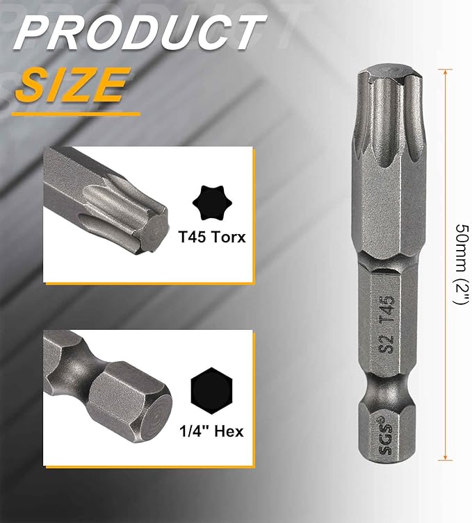 HARFINGTON 2pcs T45 Torx Head Screwdriver Bit 1/4" Hex Shank 2" (50mm) Long Magnetic No Hole Tip Tamper Proof 6 Point Star Screw Driver Drill Bits S2 Steel Industrial Power Screwdrivers