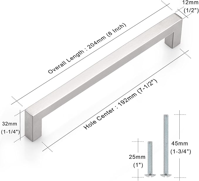 Probrico Satin Nickel Square Bar Cabinet Pulls Drawer Dresser Handles Stainless Steel Modern Door Hardware for Kitchen and Bathroom Cabinets Cupboard,[Hole Center 7-9/16 inch(192mm),10 Pack]