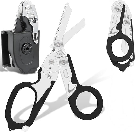 6-in-1 Heavy Duty Emergency/Trauma Shears, with Carbide Glass Breaker, Ring Cutter, Foldable, Stainless Steel Multi-Purpose Scissors for Hospital, Home, Camping, and Travel Rescue Tools (Black)