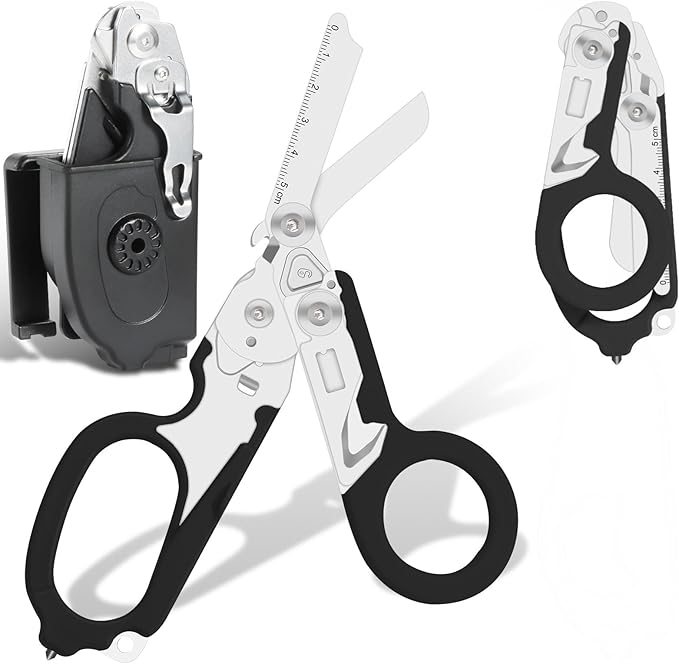 Heavy Duty 6-in-1 Emergency Trauma Shears with Carbide Glass Breaker & Ring Cutter Foldable Stainless Steel Multi-Purpose Scissors for First Responders, Hospital, Home, Camping, Travel Rescue (Black)