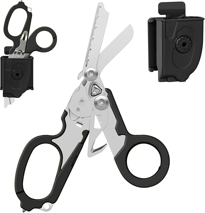 Heavy Duty 6-in-1 Emergency Trauma Shears with Carbide Glass Breaker & Ring Cutter Foldable Stainless Steel Multi-Purpose Scissors for First Responders, Hospital, Home, Camping, Travel Rescue (Black)
