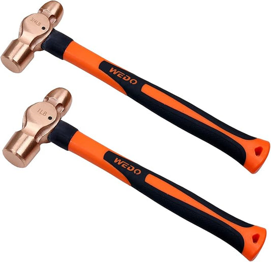 WEDO 2PCS Copper Ball Peen Hammer Set, 12 oz + 16 oz(3/4lb+1lb), Ball Pein Hammer with Fiberglass Handle, Die-Forge, Corrosion Resistant, DIN Standard
