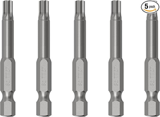 5PCS T27 Magnetic Tamper Proof Torx Screwdriver Bits, 1/4 Inch Hex Shank 2 Inch Length S2 Steel Security Drill Torx Head Drill Screw Driver Tools(50mm Long, Star 6 Point)