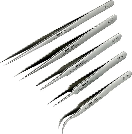 TOWOT Precision Tweezers, 5 PCS Stainless Steel, Non-Magnetic, Heat Resistant, Curved, Jewelry, Electronics, Craft, Soldering, Experimental Work