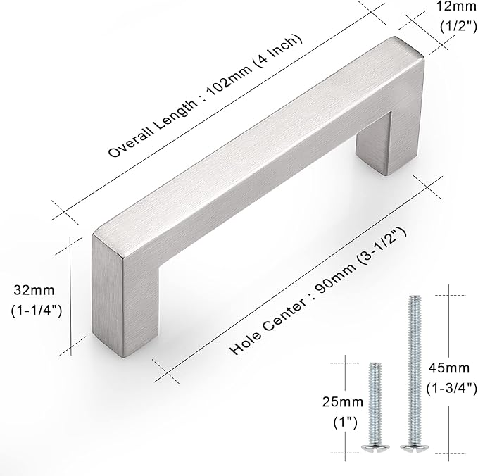 Probrico(10 Pack Square Stainless Steel Cabinet Pulls in Brushed Nickel 3-1/2 inch Hole Center, 4 Inch Total Length T Bar Kitchen Bathroom Drawer Hardware,Contemporary Dresser Closet Pulls