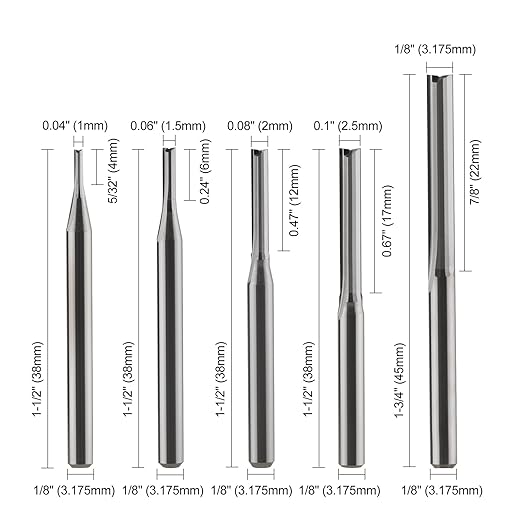 HOZLY 1/8 Inch Straight Router Bits Set (CED 1.0mm 1.5mm 2.0mm 2.5mm 3.175mm) Milling Cutter 2 Flutes Double Edged CNC Cutting Tungsten Steel for Wood MDF Acrylic Milling