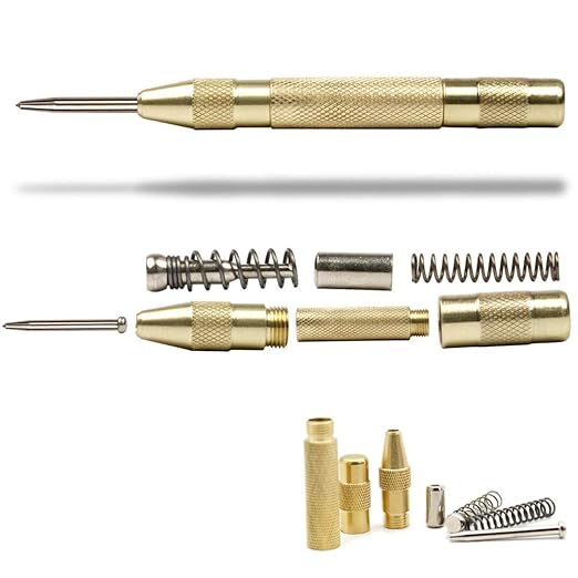 4 Pack Automatic Center Punch, Pamiso 5.1 Inch Spring Loaded Drill Punch Tool,Brass Window Spring Punch Tool, Fixed Point & Car Window Glasses Break