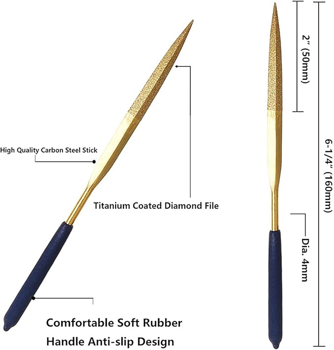 10-Piece Diamond Needle File Set, 4x160mm Titanium Coated Mini Files, Round Square Flat Shapes for Metal Glass Wood Stone Jewelry