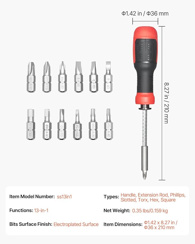 VEVOR Screwdriver Set, 13 in 1 Magnetic Multi Bit Mini Nut Driver Set, Phillips, Flat Head, Torx, Square Bits for Men, Manual Precision Repair Tool Kit for Sockets, Furniture, Home Appliances, Cars