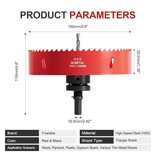 5-29/32" (150mm) Bi-Metal M42 High Speed Steel Hole Saw with Pilot Drill Bit, Smooth Cutting Edge for PVC, Drywall, Wood, Plastic, Gypsum Board, Rubber, Thin Metal