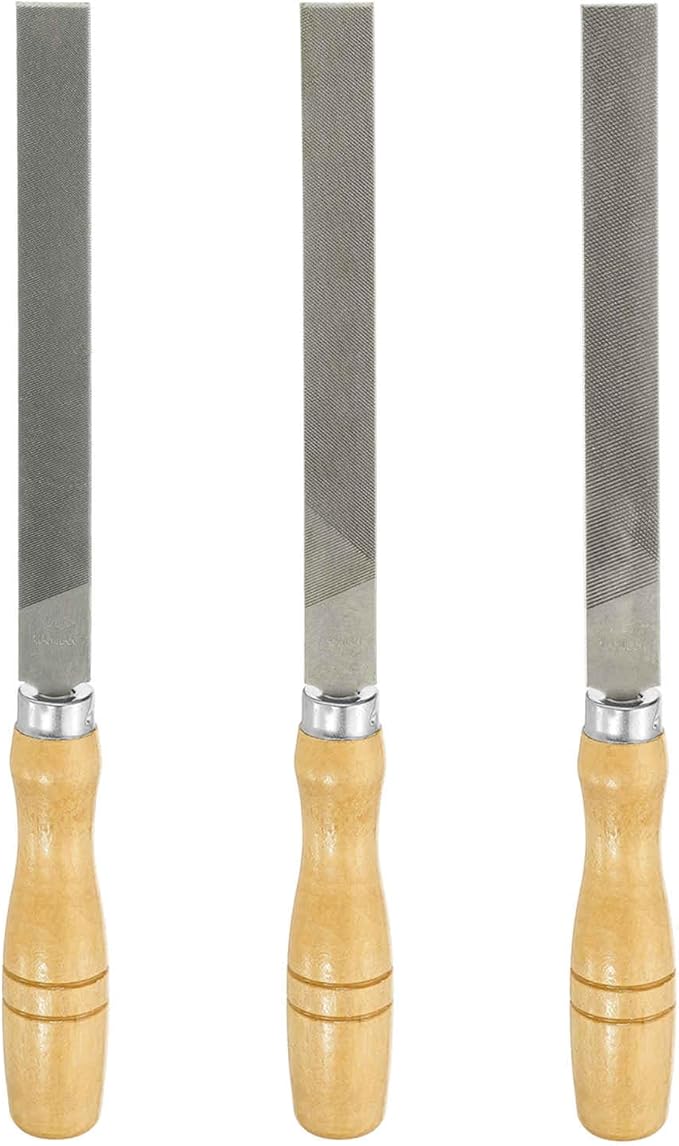HARFINGTON 3pcs Flat Cut File 6" Double Cut Teeth High Carbon Steel Hand Rasp File with Wood Handle for Metal Wood Deburring Removing