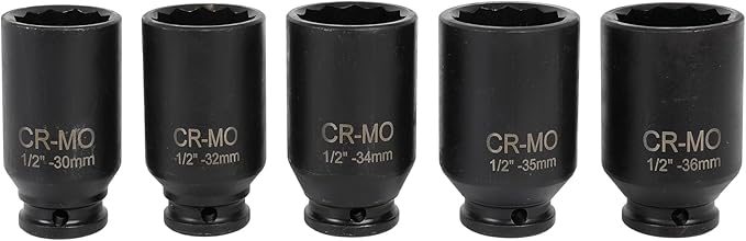 SCITOO 1/2 5PCS Drive Deep Impact Axle Hub Socket Set,Axle Nut Hub Impact,12 Point,30mm-36mm(30mm,32mm,34mm,35mm,36mm)