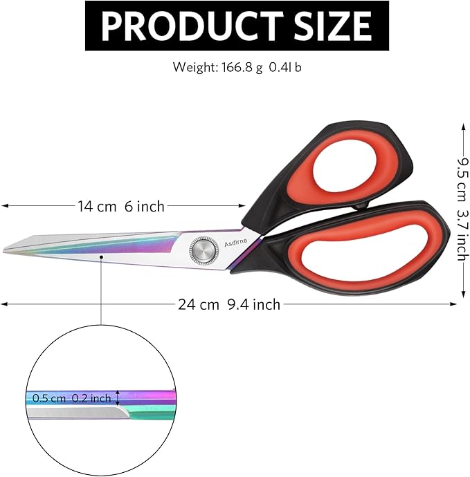Fabric Scissors, Dressmaking Scissors with Heavy Duty Multi-Purpose Titanium Coated Blades and Comfortable Soft Grip Handles, 25CM, Black/Red