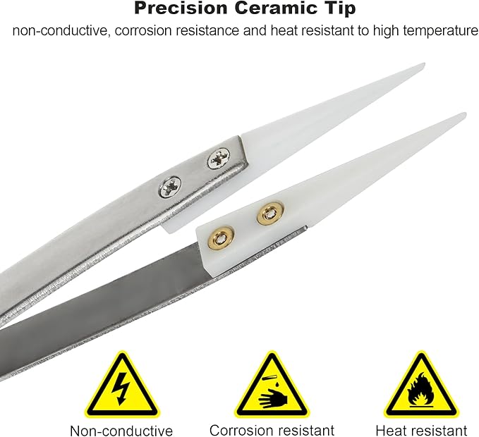 6 Pcs Precision Ceramic Reverse Solder Tweezers, Non-Conductive, Anti-Magnetic Pointed & Curved Tips Tweezers Set, Cross Lock Fiber Grip Soldering Tool, Heat-resistant Electronics Tweezers
