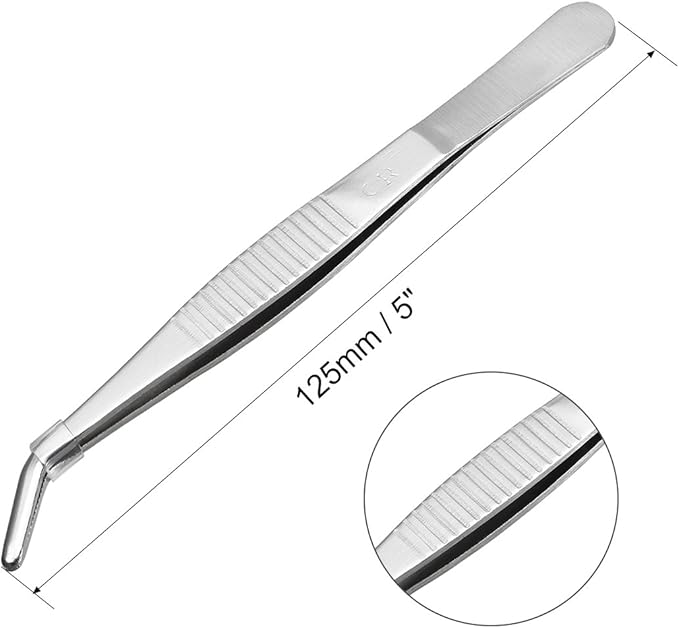 uxcell 2 Pcs 5-Inch Stainless Steel Tweezers with Curved Serrated Tip