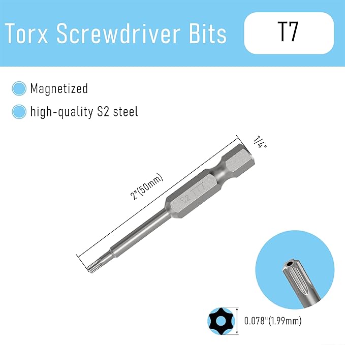 5PCS T7 Magnetic Tamper Proof Torx Screwdriver Bits, 1/4 Inch Hex Shank 2 Inch Length S2 Steel Security Drill Torx Head Drill Screw Driver Tools(50mm Long, Star 6 Point)