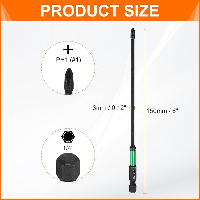HARFINGTON 3pcs #1 Impact Phillips Screwdriver Bit PH1 1/4" Hex Shank 6" (150mm) Long 0.12" Rod Magnetic Cross Head Drill Bits S2 Steel Industrial Screw Driver for Impact Power Drivers