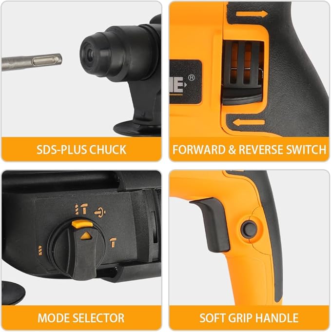 Hoteche 5.17 Amp SDS-Plus Rotary Hammer Drill, 4-Function 24mm (15/16") ??2.6J Impact Energy, 0??850 BPM, Variable Speed ??6 Drill Bits, 2 Chisels, UL Plug, Carrying Case ??For Concrete, Wood, Steel