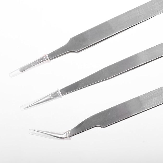 3Pcs Precision Tweezers Set, Stainless Steel Reverse Tweezers for Crafting Extra Fine, Angled, Blunt Tips for DIY Crafts Jewelry Making Beading Laboratory Work, Needle Nose Tweezer