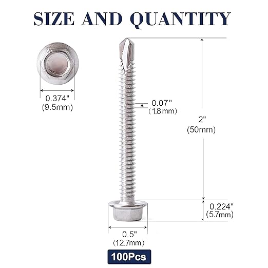 #14 x 2 Sheet Metal Screws 100PCS 410 Stainless Steel Hex Washer Head Fast Self Tapping Screws by SG TZH