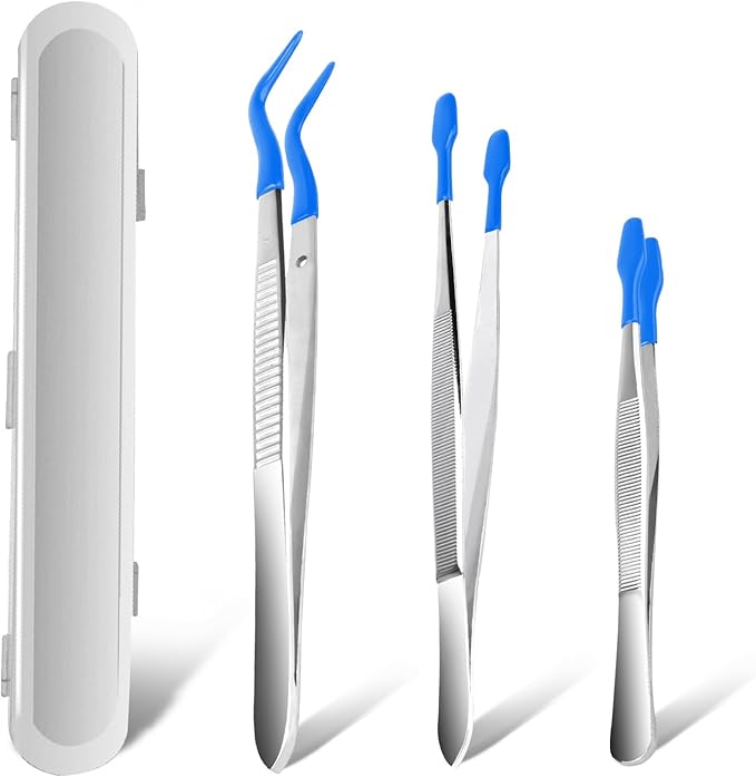 3PCS Tip Tweezers, Silicone Rubber Flat Tipped Tweezers Bent Tip for Jewelry Coin Stamp (Blue)