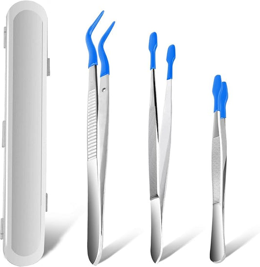 3PCS Tip Tweezers, Silicone Rubber Flat Tipped Tweezers Bent Tip for Jewelry Coin Stamp (Blue)