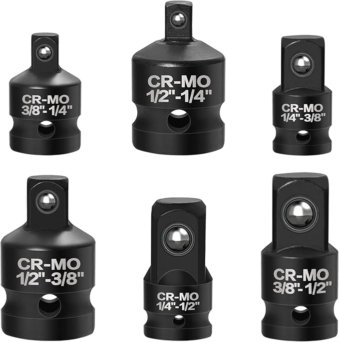6PCS Impact Socket Adapter and Reducer Set,1/4", 3/8", 1/2" Impact Adapter Set Chrome Vanadium Steel Ratchet/Socket Conversion Kit (Impact-Black)