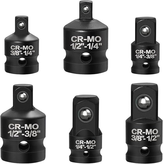 6PCS Impact Socket Adapter and Reducer Set,1/4", 3/8", 1/2" Impact Adapter Set Chrome Vanadium Steel Ratchet/Socket Conversion Kit (Impact-Black)
