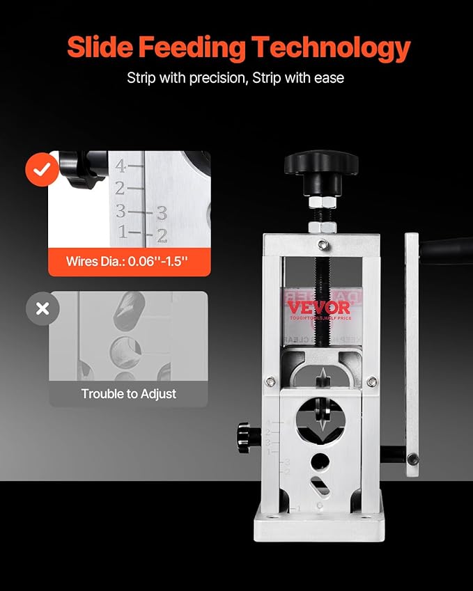 VEVOR Manual Wire Stripping Machine, 0.06''-1.5'' Copper Stripper with Hand Crank or Drill Powered, Visible Stripping Depth Reference, Portable Aluminum Frame Wire Peeler for Scrap Copper Recycling