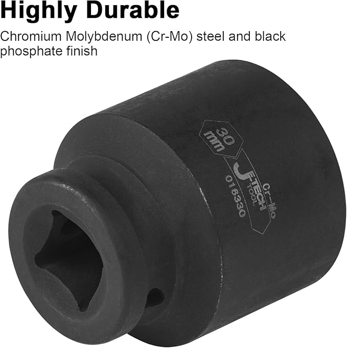 JETECH 1/2 Inch Drive x 30 mm Deep Impact Socket, 6 Point Radius Corner Design,Square Chamfered Opening,Axle Nut Impact Grade Socket for Easy Removal