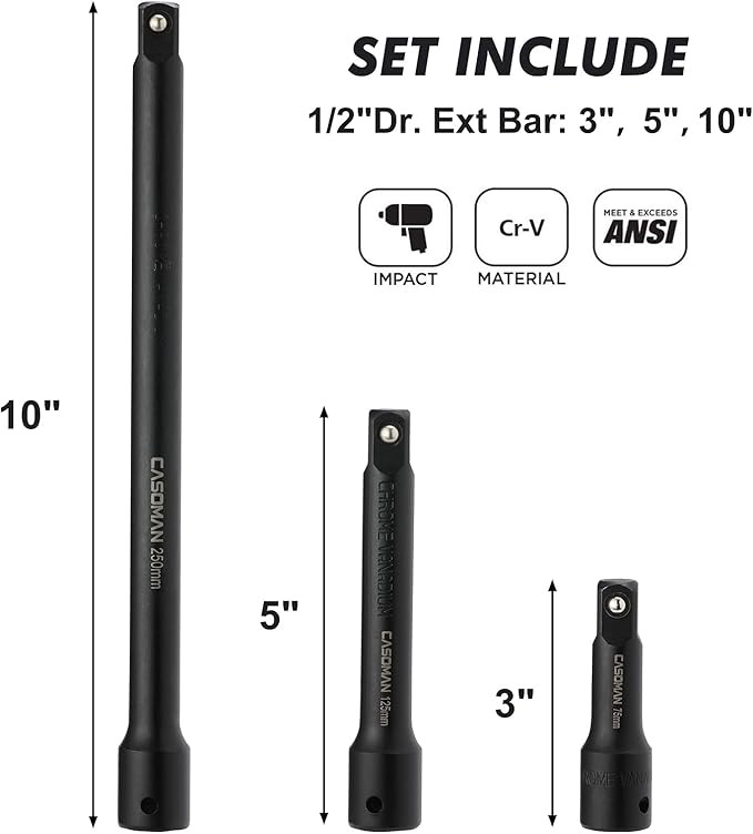 CASOMAN 18PCS 1/2" Drive Impact Socket Set, Deep, Cr-V Steel, Metric, 10mm - 24mm, Includes Extension Bars: 3-Inch, 5-Inch, 10-Inch