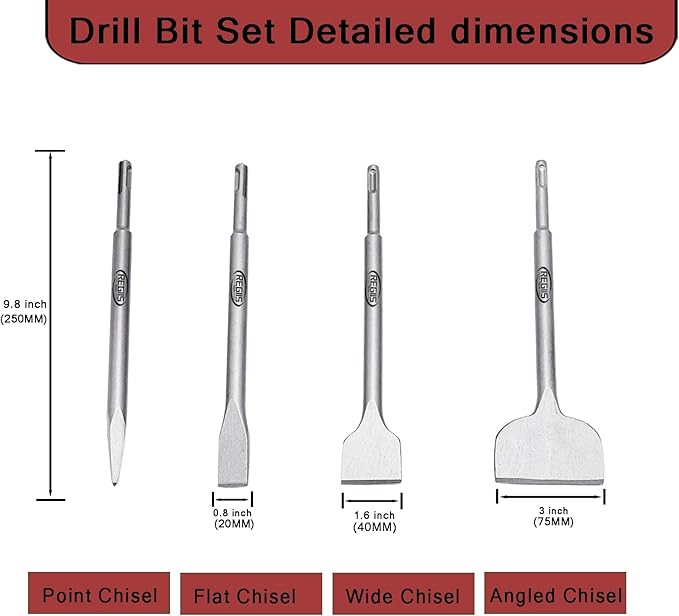 4 pcs SDS Plus Chisel Set, Masonry Concrete Drill Bit Set, Tile Removal Chisel Bits for Rotary Hammer with Point Flat Wide Tile Inclined Grooving Scraping Scaling Chisels